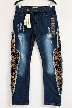 REASON Baroque Tapestry Distressed Skinny Jeans 34x32 NWT
